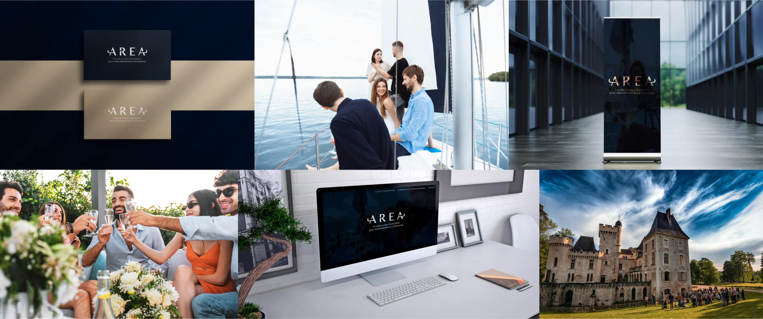 Photos et mockups représentant l'univers et l'identité visuelle d'Area