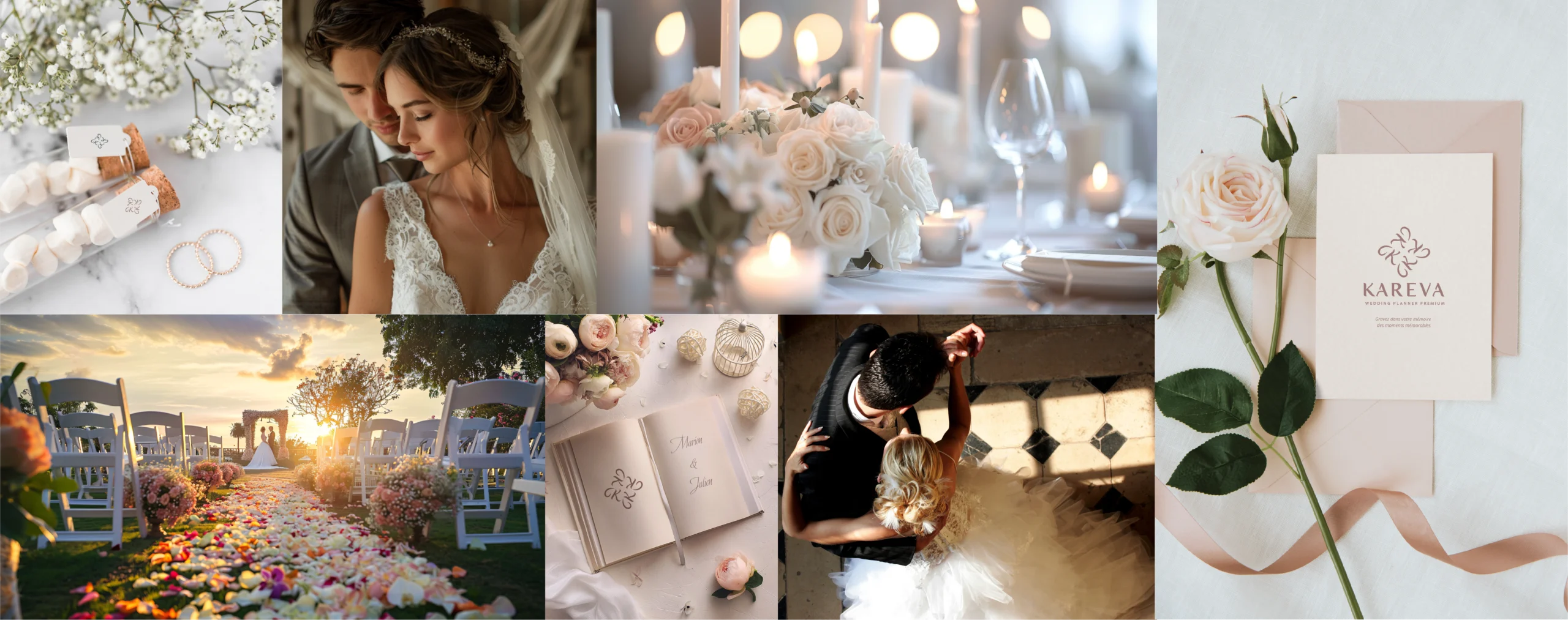 Photos et mockups illustrant l'univers de Kareva wedding planner
