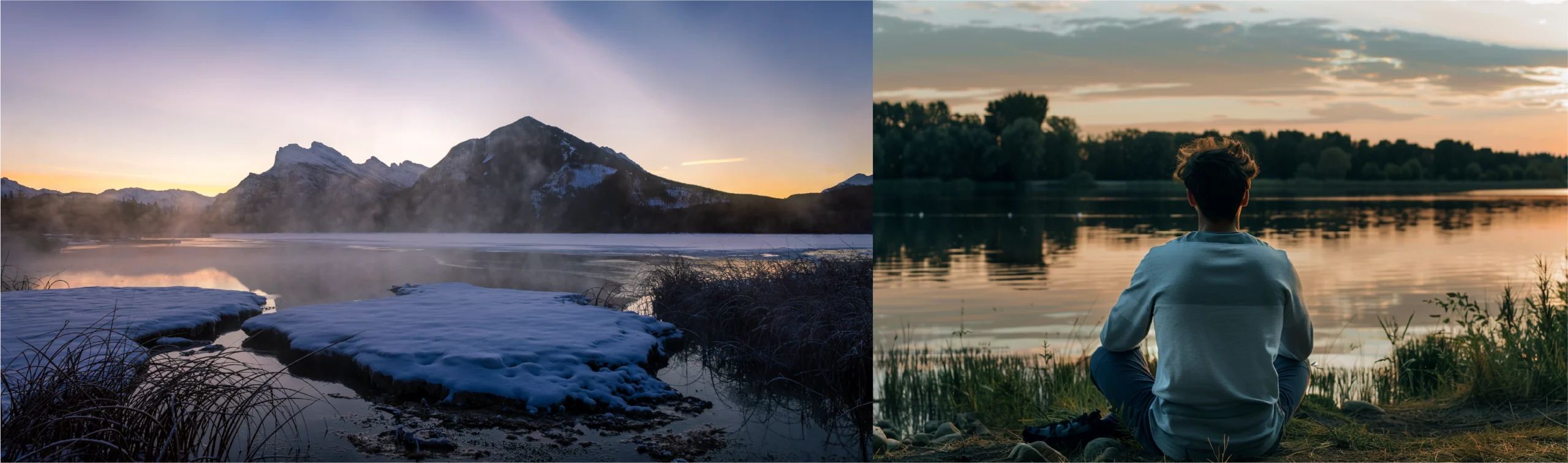 Photos de paysages de montagnes et de lac avec un homme qui regarde au loin. Ces photos illustrent les valeurs de la marque