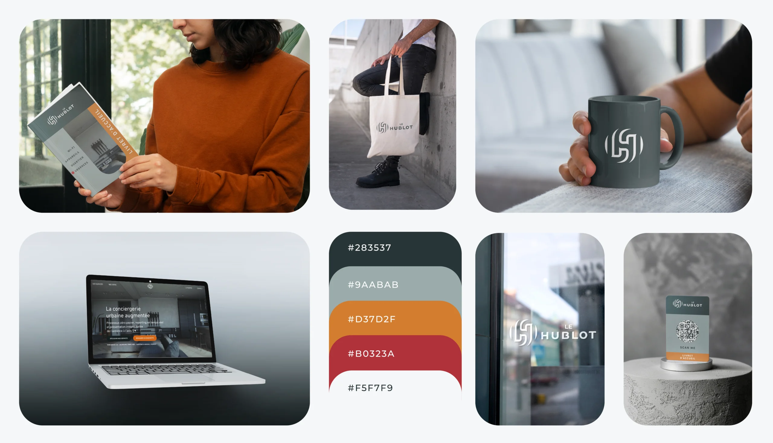 Bento présentant l'univers visuel le Hublot avec des mockups et la palette de couleurs