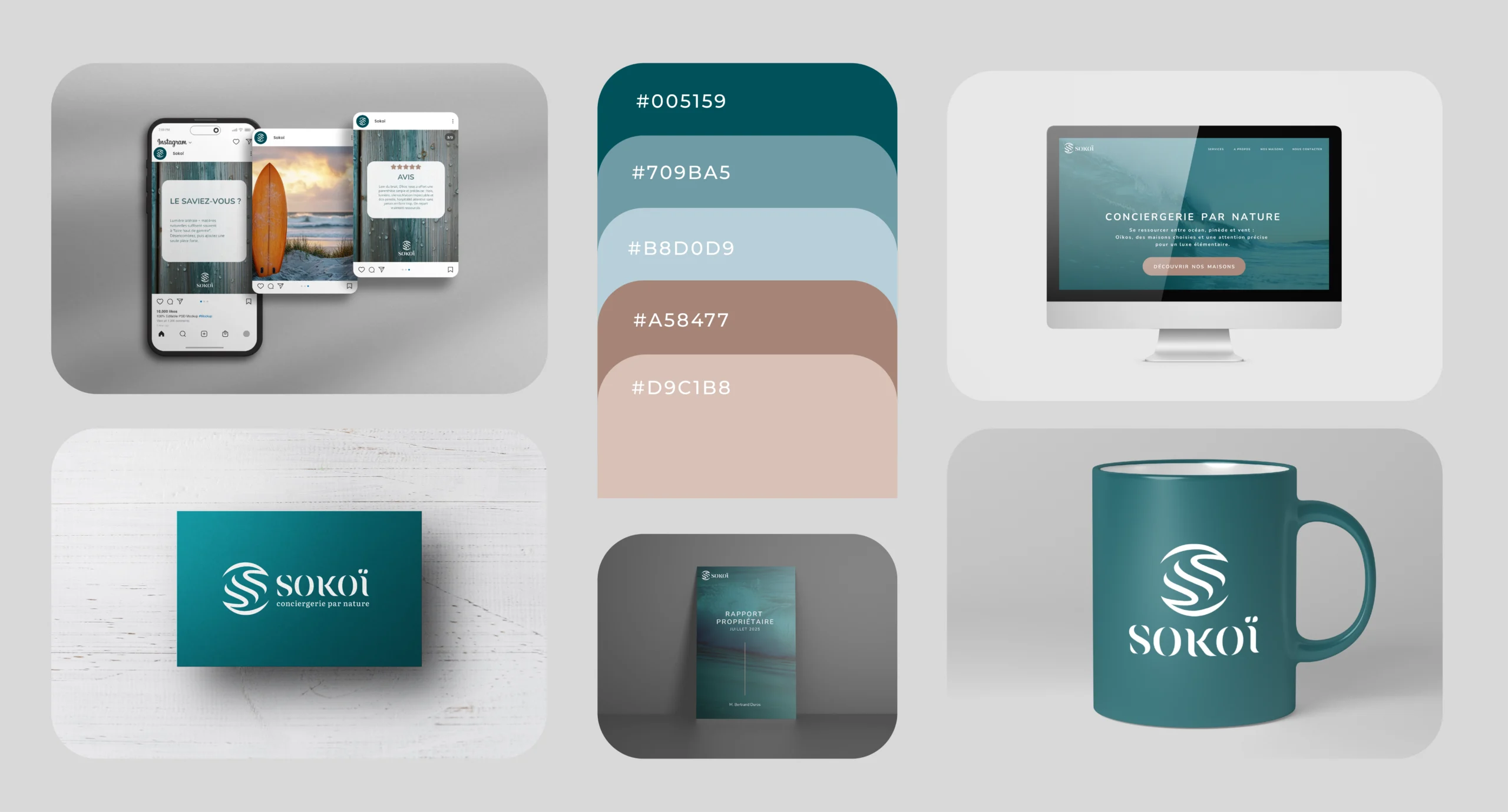 Bento présentant différents mockups de l'identité visuelle Sokoï