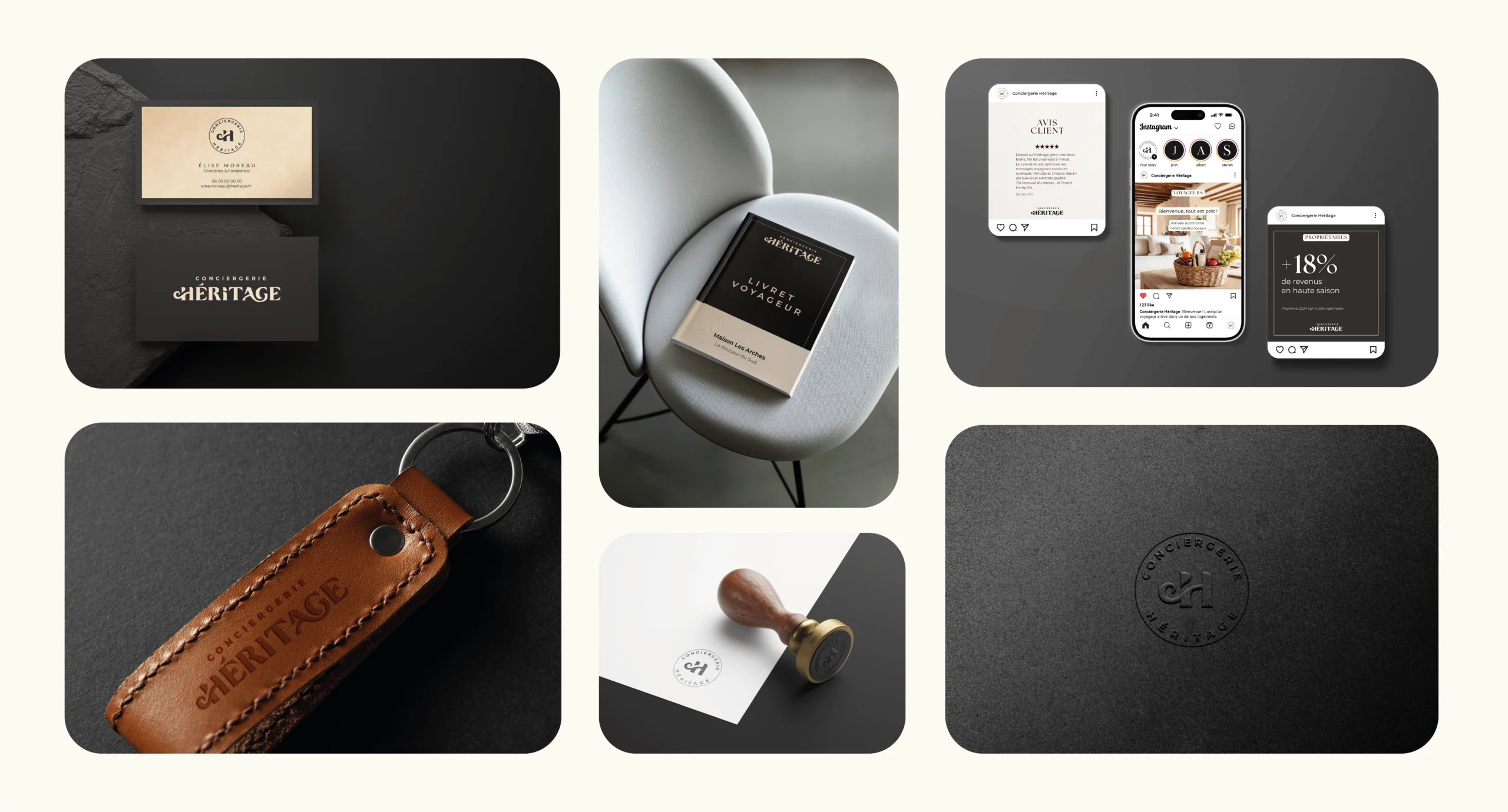 Bento avec différents mockups pour la conciergerie Héritage