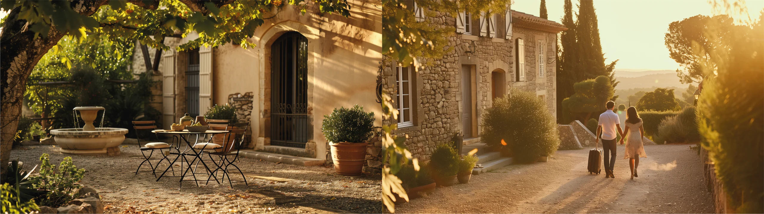Photos d'une cour et d'un couple arrivant dans une maison gérée par une conciergerie avec une valise