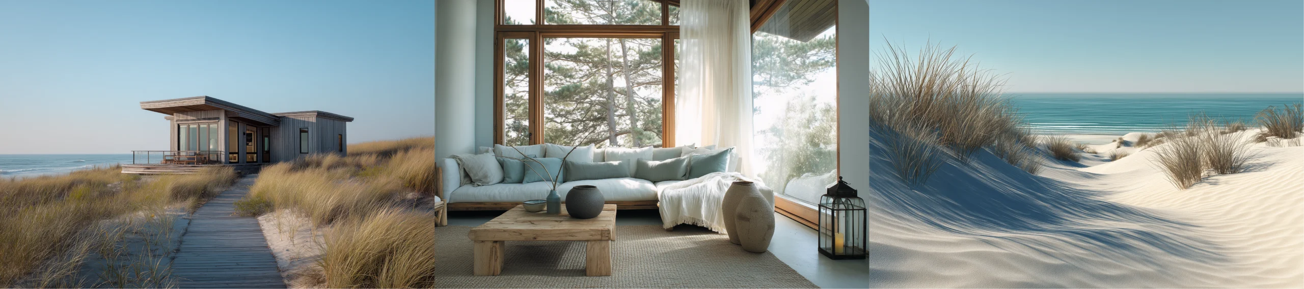 Images dunes, maison au bord de plage, salon pour illustrer l'identité visuelle Sokoï